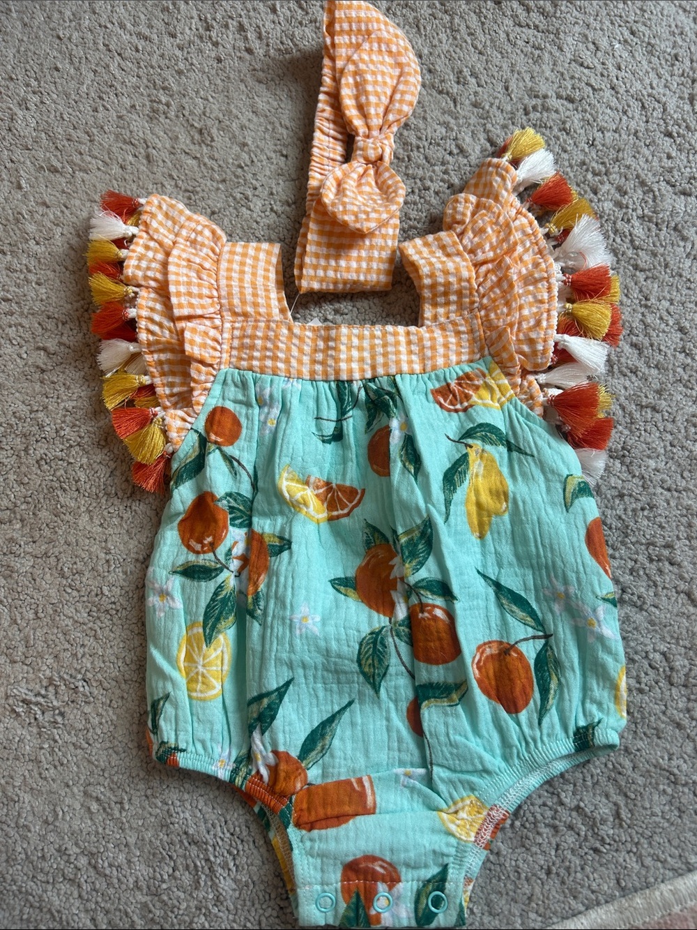Mud Pie Aqua Citrus & Orange Gingham Tassel Baby Romper
